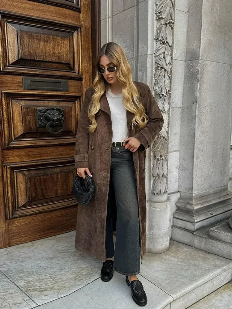Bianca Brown lace up waist cinching long jacket