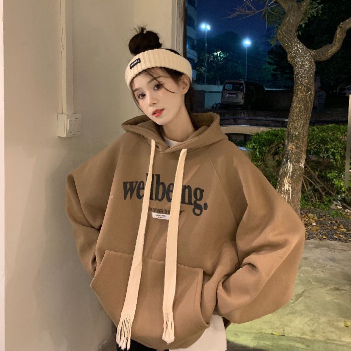 Hooded Sweatshirt Women Oversized Streetwear Casual Top with Fleece