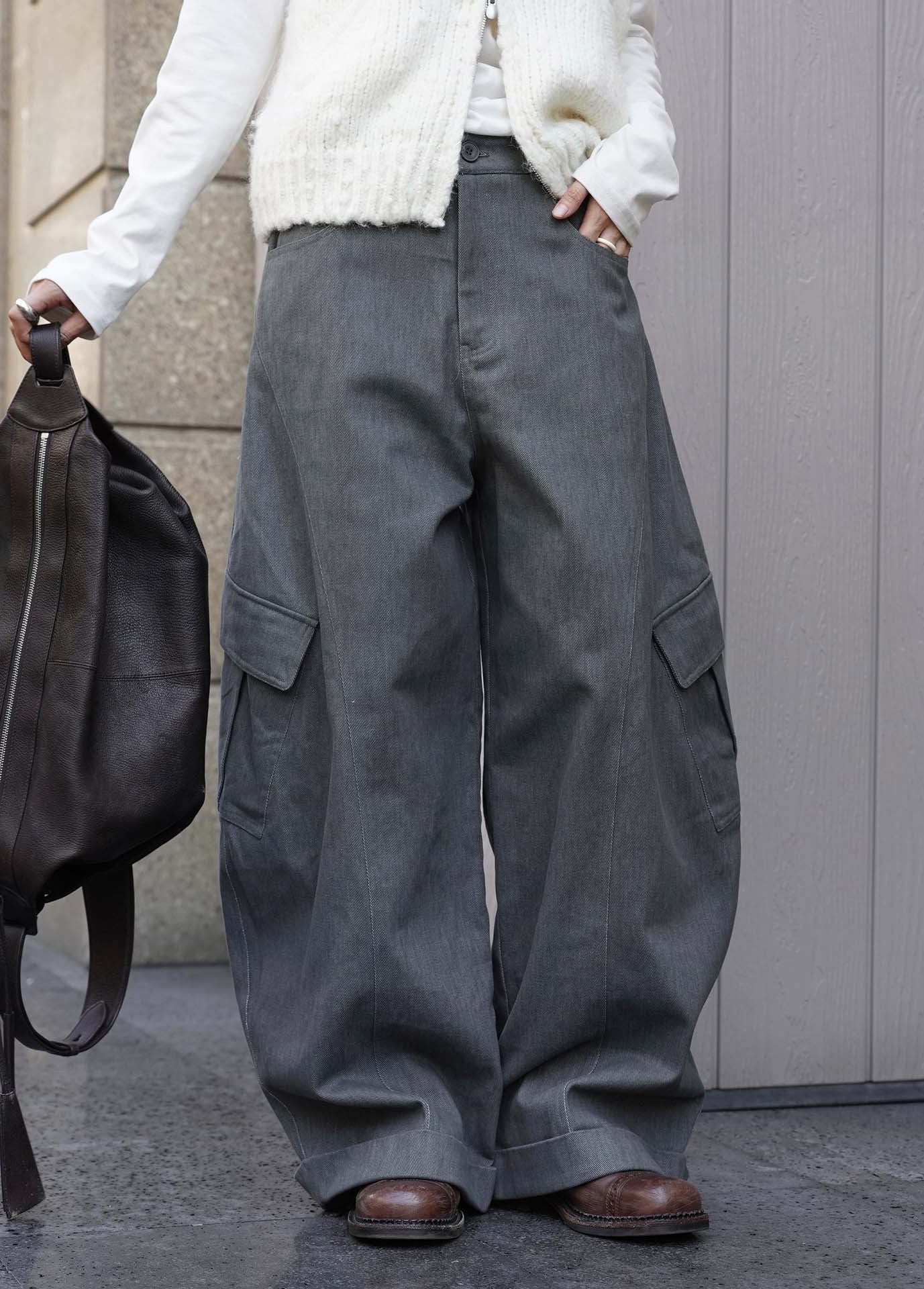 Fashion Workwear-Style Side Pocket Fleece Knife-Edge Casual Pants Relaxed Fit Long Pants for Women