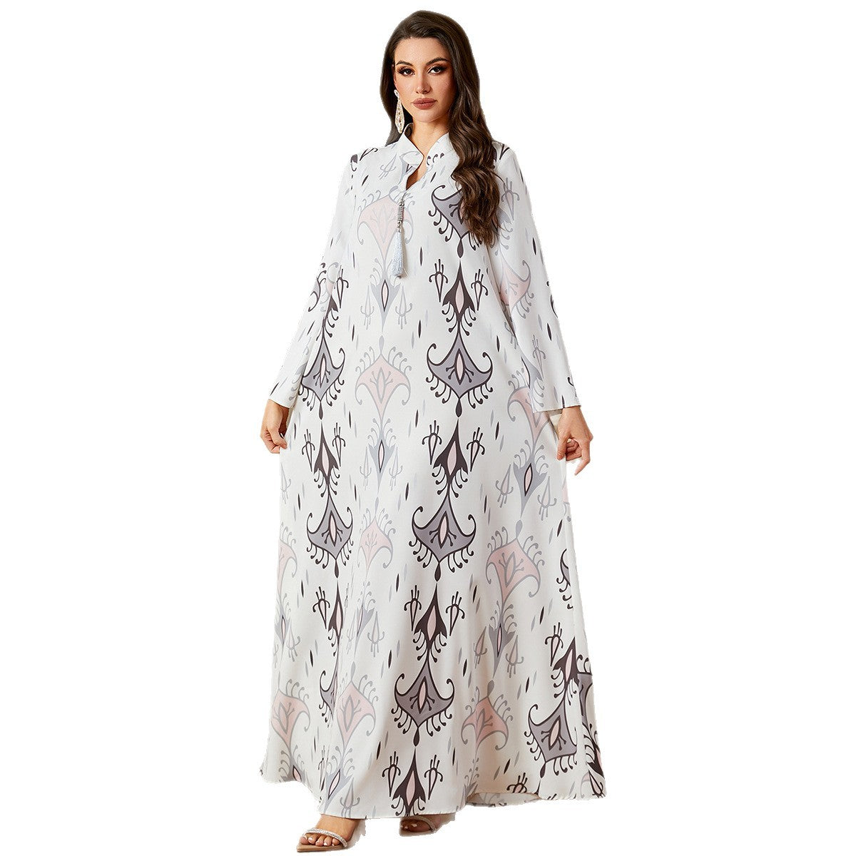 Classy Moo Moo Lounge Kaftan for Women – Loose Sleep Dress, Long Robe House Dress, Boho Ethnic Tribal Print MuuMuu – Comfortable Relaxed Fit Long Sleeve Maxi Dress