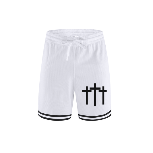 Three Cross Triple Cross Faith Based Classic Stripe Trim Basketball Shorts