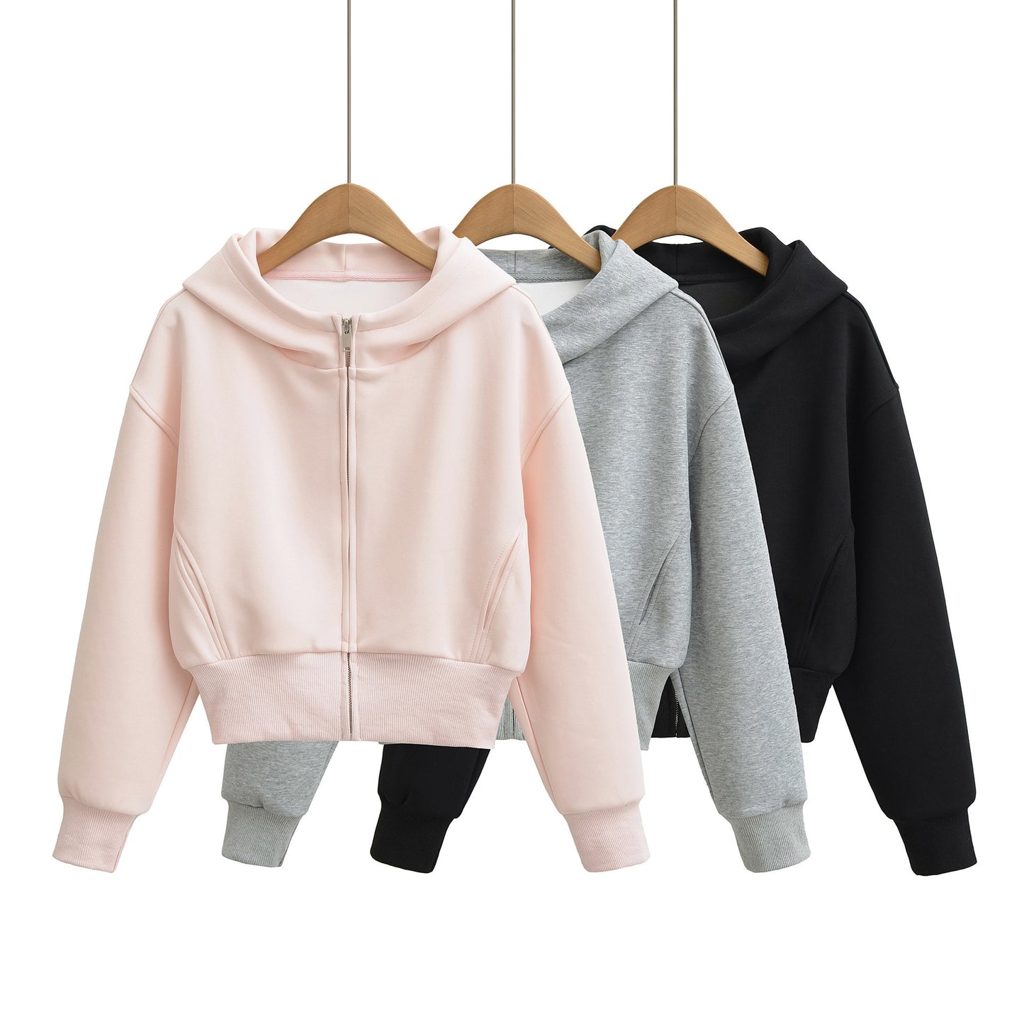 Luxury Minimalist Hooded Zipper Short Hoodie Jacket – Chic Commute Patchwork Long Sleeve Pullover for Women | Solid Color Casual Streetwear