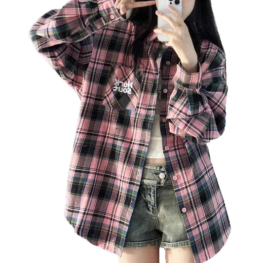 Embroidered Plaid Shirt Jacket Women's Loose Slim Fit Casual Long Sleeve Blouse