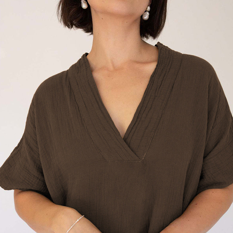 Women’s Pure Cotton Gauze Lounge Dress – Minimalist Loose Fit Moo Moo House Dress, Short Sleeve V-Neck A-Line Sleep Dress, Neutral Color Comfortable Style
