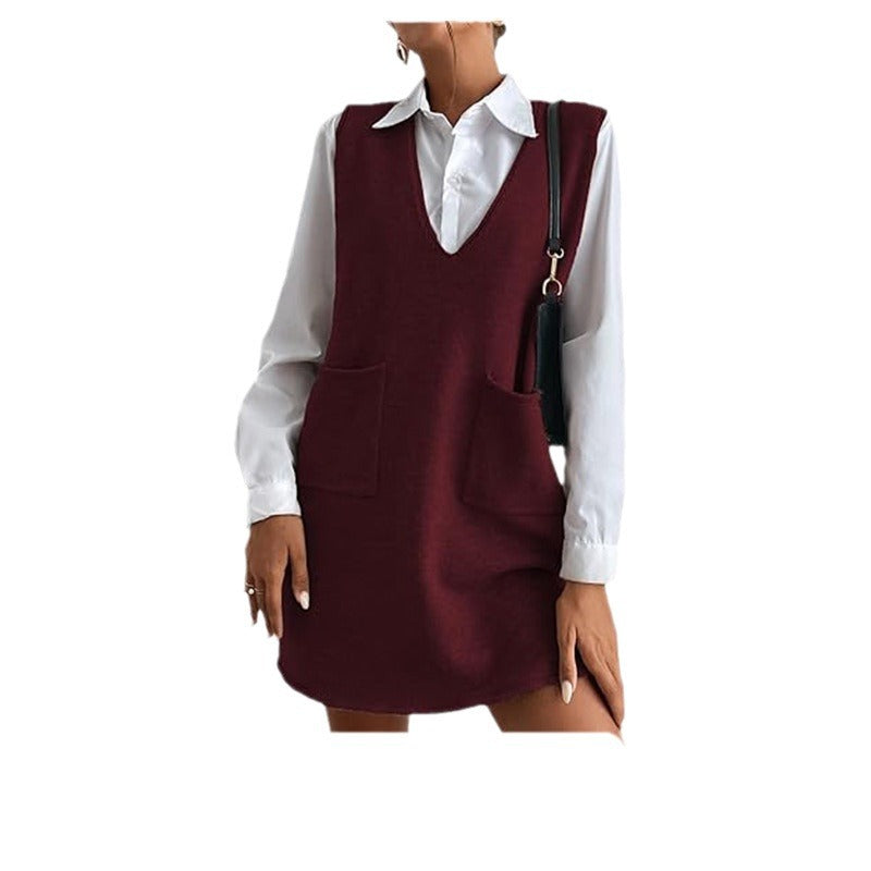Knitted Medium Long Double Sided Vest Skirt Autumn/Winter  Solid Color Sleeveless Versatile Dress