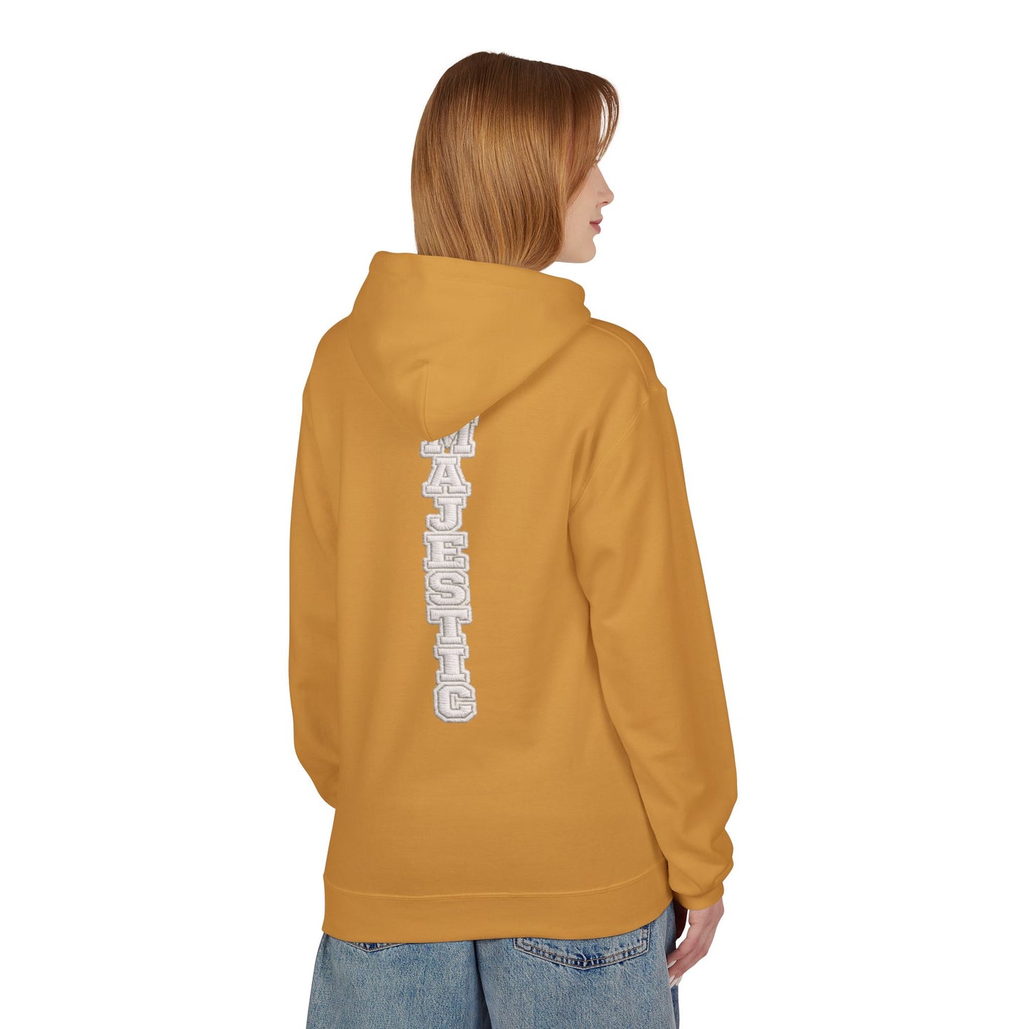Majestic Vertical Text Hoodie — Minimal White Graphic Pullover Christian Hoodie Godly Hoodie Sports Hoodie Mighty Lifestyle Hoodie