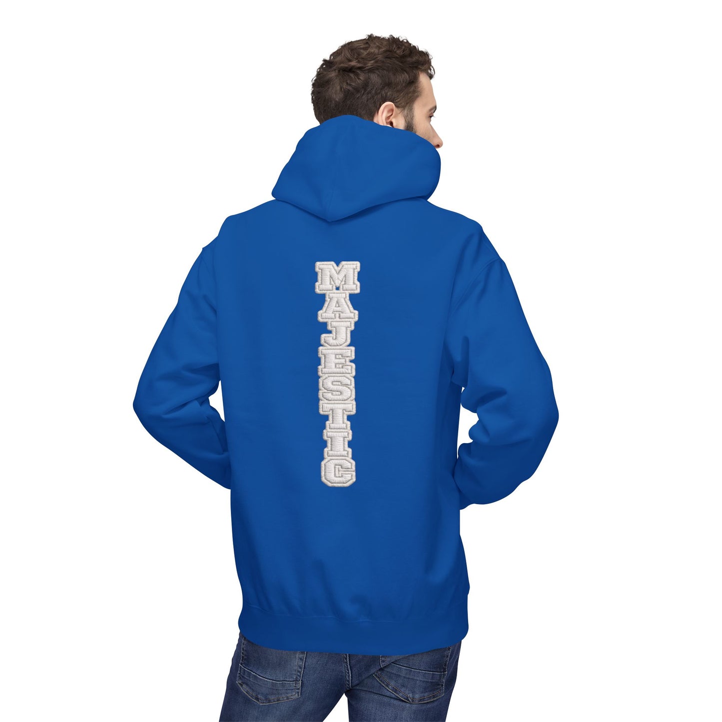Majestic Vertical Text Hoodie — Minimal White Graphic Pullover Christian Hoodie Godly Hoodie Sports Hoodie Mighty Lifestyle Hoodie