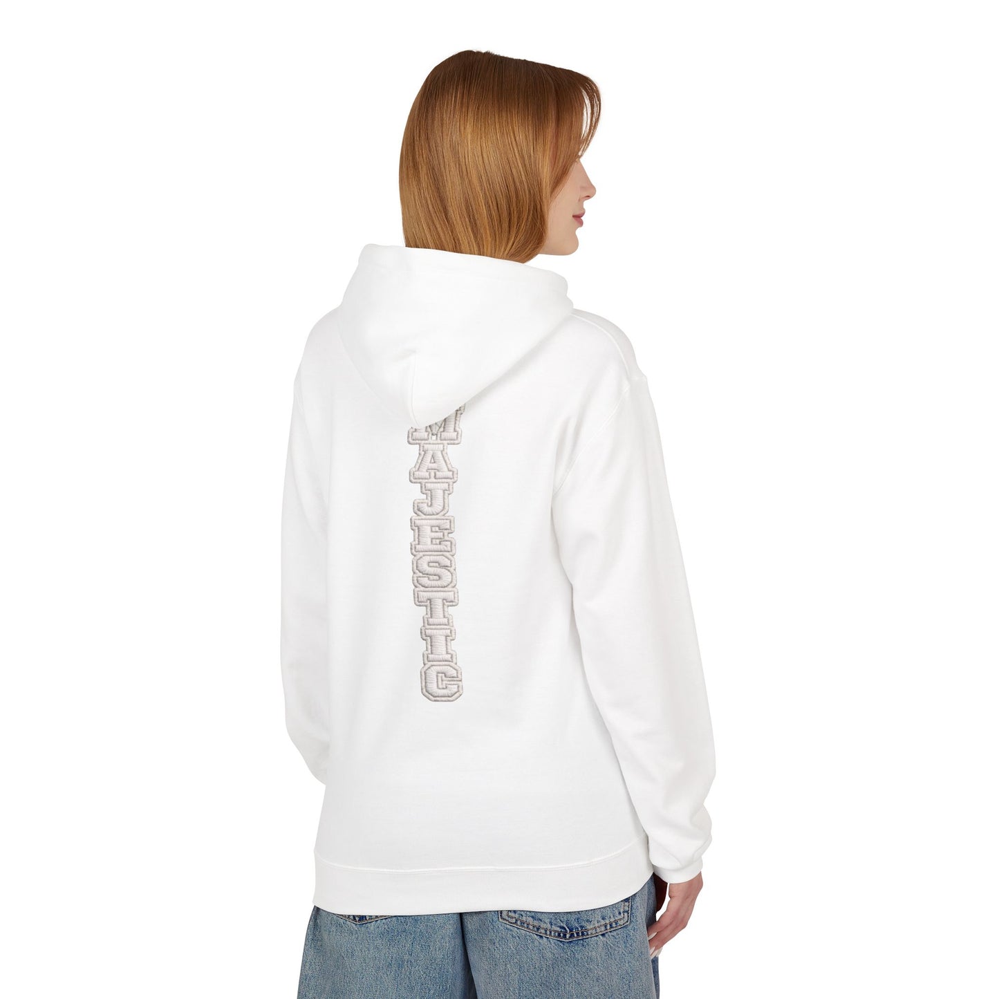 Majestic Vertical Text Hoodie — Minimal White Graphic Pullover Christian Hoodie Godly Hoodie Sports Hoodie Mighty Lifestyle Hoodie