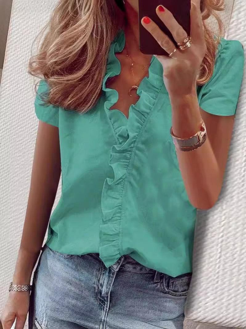 Mighty Lifestyle Ruffled Blouse | Elegant Short-Sleeved Ruffled Shirt for Spring and Summer