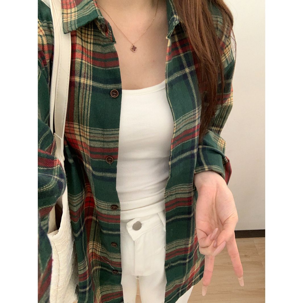 Vintage Green Plaid Long Sleeve Shirt for Women – Brushed Soft Loose Fit Button-Up Top, Casual Fall Shacket Style Jacket – TikTok Viral Favorite Outfit