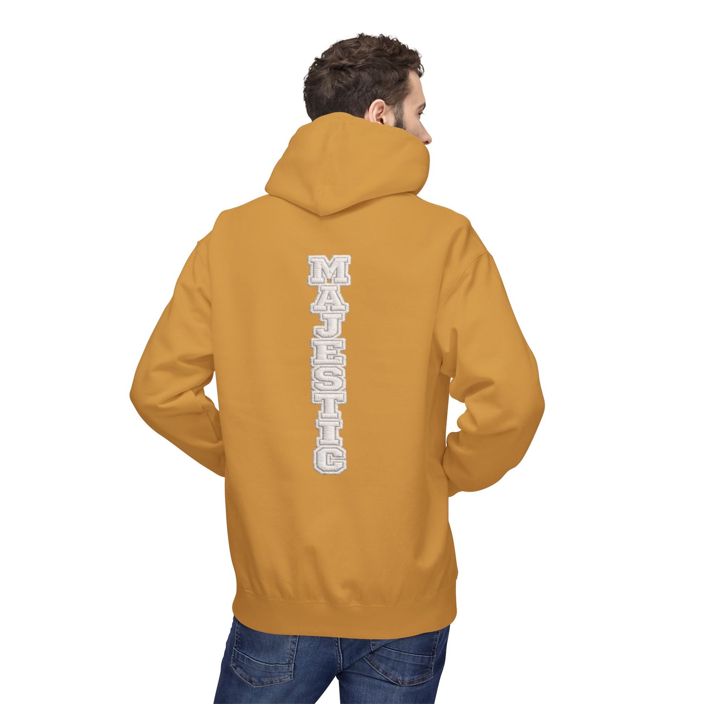 Majestic Vertical Text Hoodie — Minimal White Graphic Pullover Christian Hoodie Godly Hoodie Sports Hoodie Mighty Lifestyle Hoodie