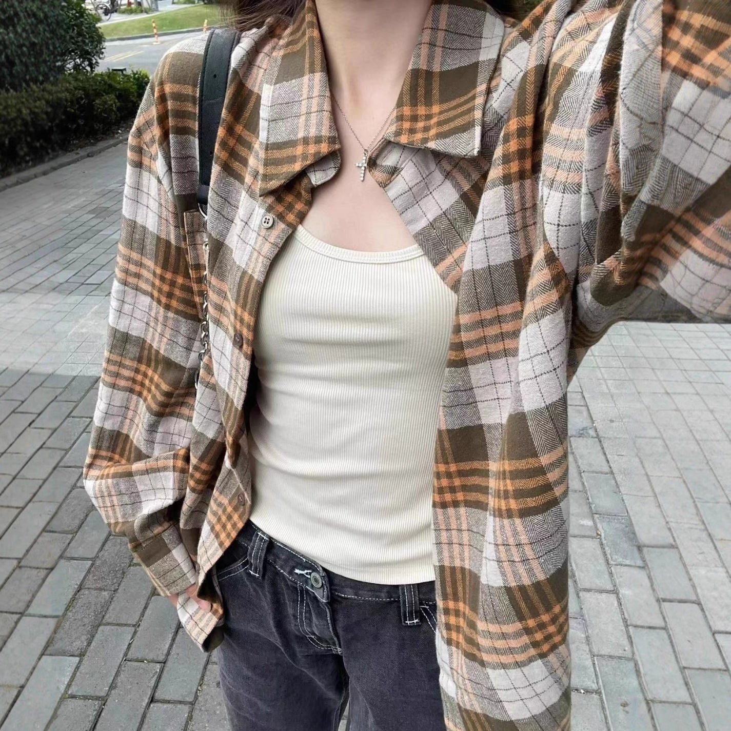 Women’s Plaid Button Up Shacket – Casual Loose Fit Long Sleeve Polo Collar Fall Jacket | Khaki Plaid Cardigan Blouse Top for Layering | Cozy Fall Outfit