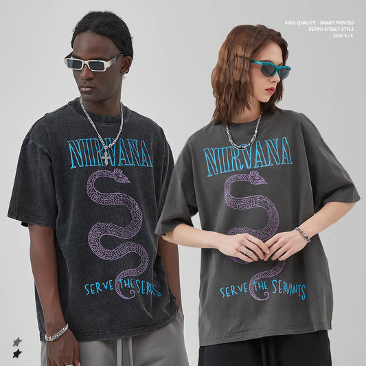 Nirvana Unisex Vintage Wash  Shirt | Old Printed Short Sleeve Mens T Shirt European And American High Street Fashion Brand