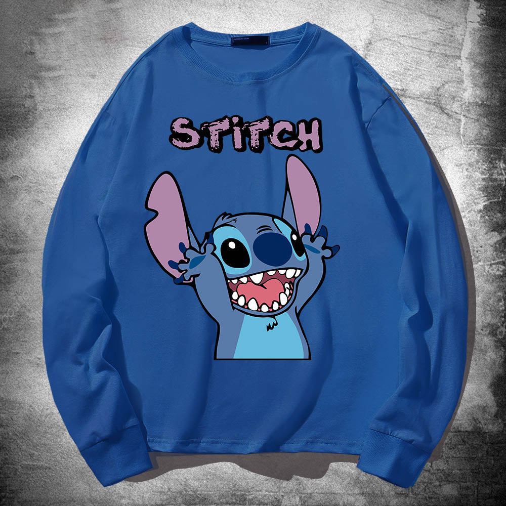 Stitch Long Sleeved T Shirt For Men and Women, Thin Pure Cotton, Loose Fitting, Like Couples Outfit, Round Neck Base Shirt, Clothes On Top