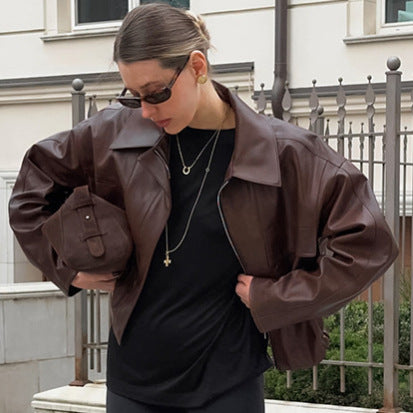 Versatile loose short pilot retro motorcycle style leather jacket for women