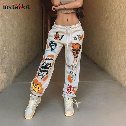 Trendy Sweat Pants Graphic Women Jogger Harajuku Cartoon Printed Trousers Jogger Drawstring Cargo Pant Streetwear Casual Sweatpant Autumn