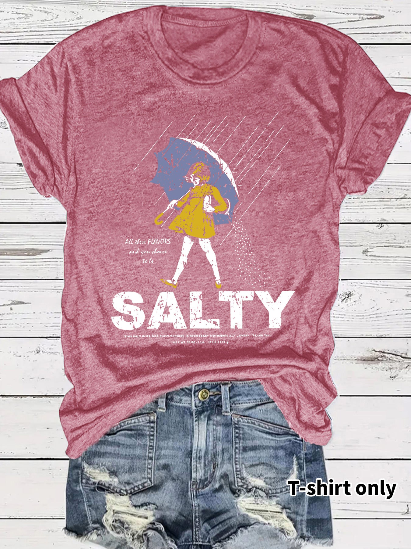 Salty Tshirt short sleeved salty emoji for girls holding umbrellas