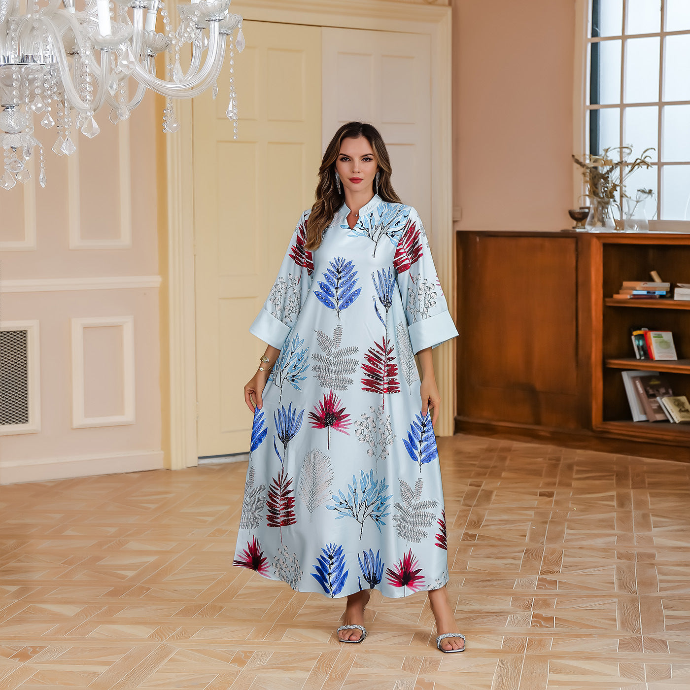 Moo Moo  Fashion Dress Abaya Sequined Printed Middle Eastern Long Robe Lounge Clothing