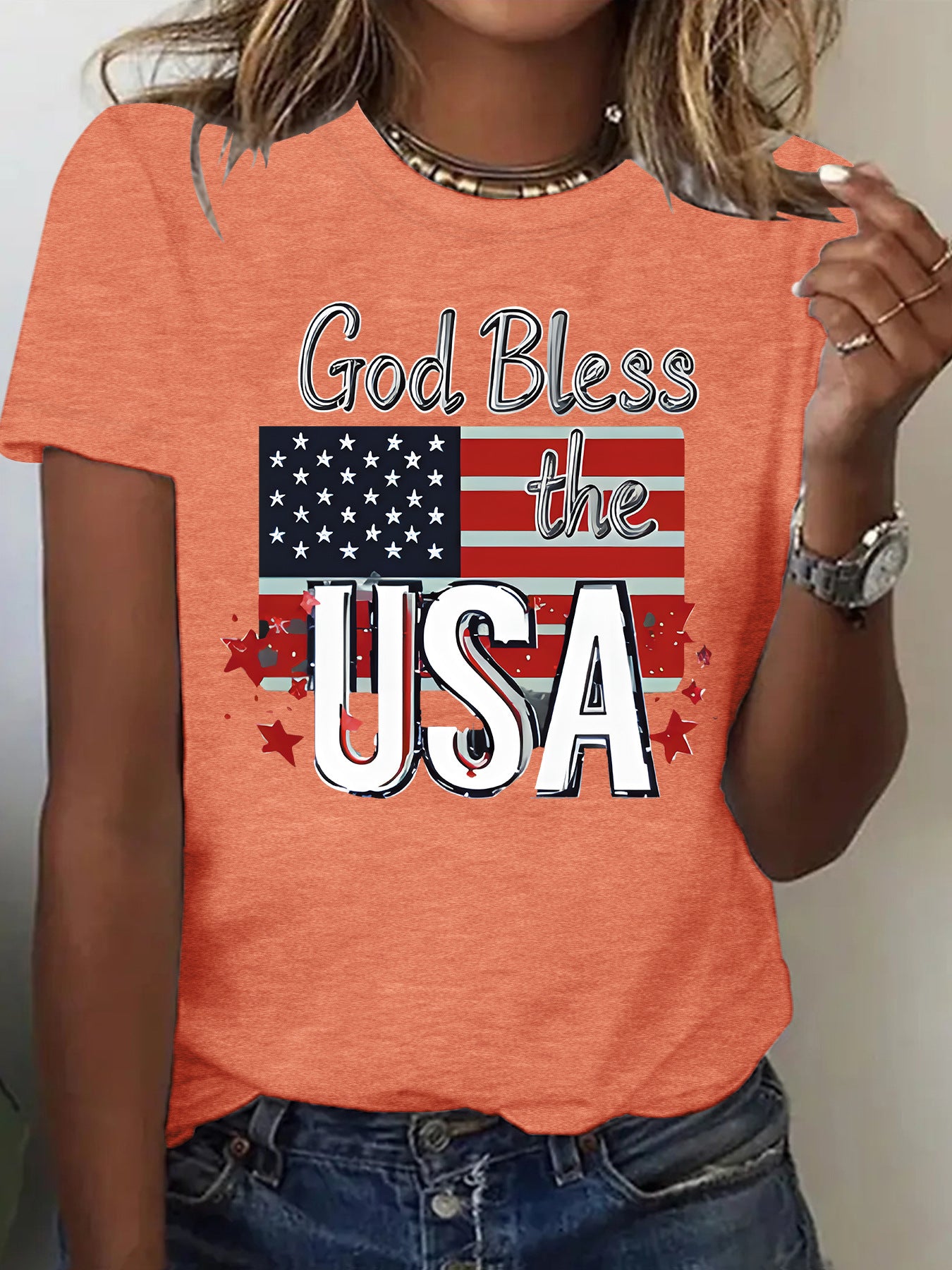 Short sleeved women's t-shirt with USA flag