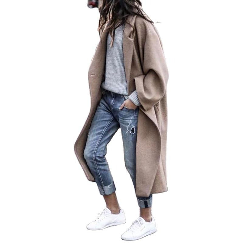 Autumn and winter women's casual long solid color warm woolen jacket