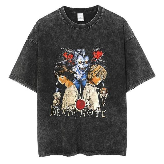 Washed Anime Death Note retro men's short-sleeved t-shirt summer anime peripheral printed loose t-shirt for men - Blerd Shirt Nerd Shirt