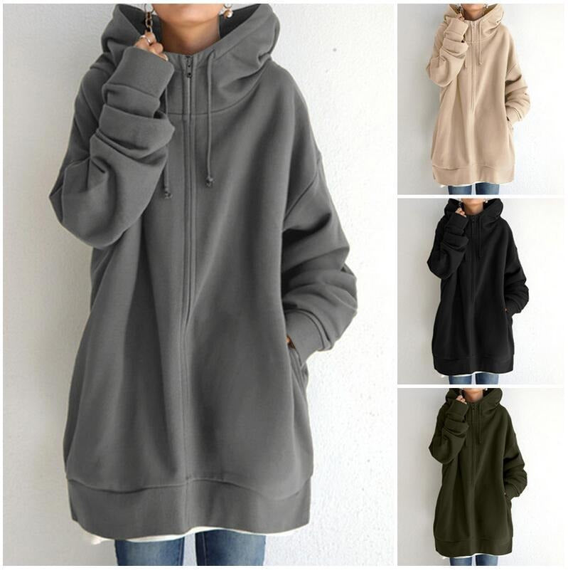 Street Style Plush Zip-Up Hoodie – Long Sleeve Solid Color Cardigan for Autumn & Winter, European and American Fashion Autumn and Winter New Personalized Street Sweater Zipper Hooded Long Plush Sweater