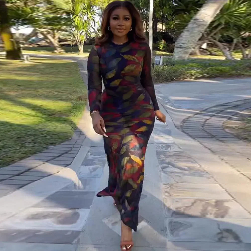 Lennox Leaf Print Long Sleeve Mermaid Dress for Women — Elegant Sexy Fall & Winter Maxi Dress | Long Sleeve Polyester & Cow Milk Silk Bodycon Dress