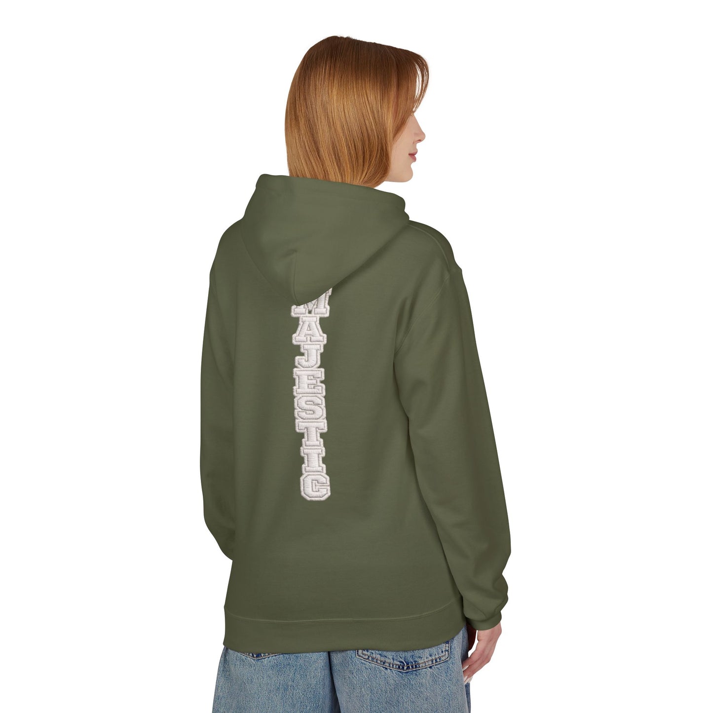 Majestic Vertical Text Hoodie — Minimal White Graphic Pullover Christian Hoodie Godly Hoodie Sports Hoodie Mighty Lifestyle Hoodie