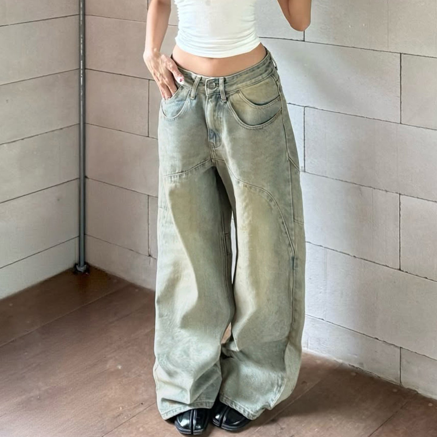 Oversized jeans Retro high street wash pocket embroidered casual slimming jeans