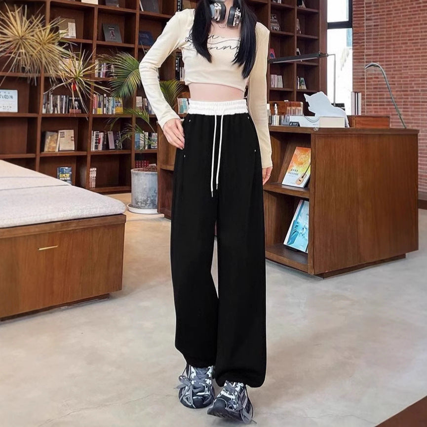 Women’s Color Block Wide-Leg Sweatpants – High Waist Cuffed Loose Fit Casual Pants for Everyday Streetwear | Color Block Sweatpants for Women,  All-Match Cuffed Casual Loose Slim Wide-Leg Scissors Pants with Vertical Feel Long Pants