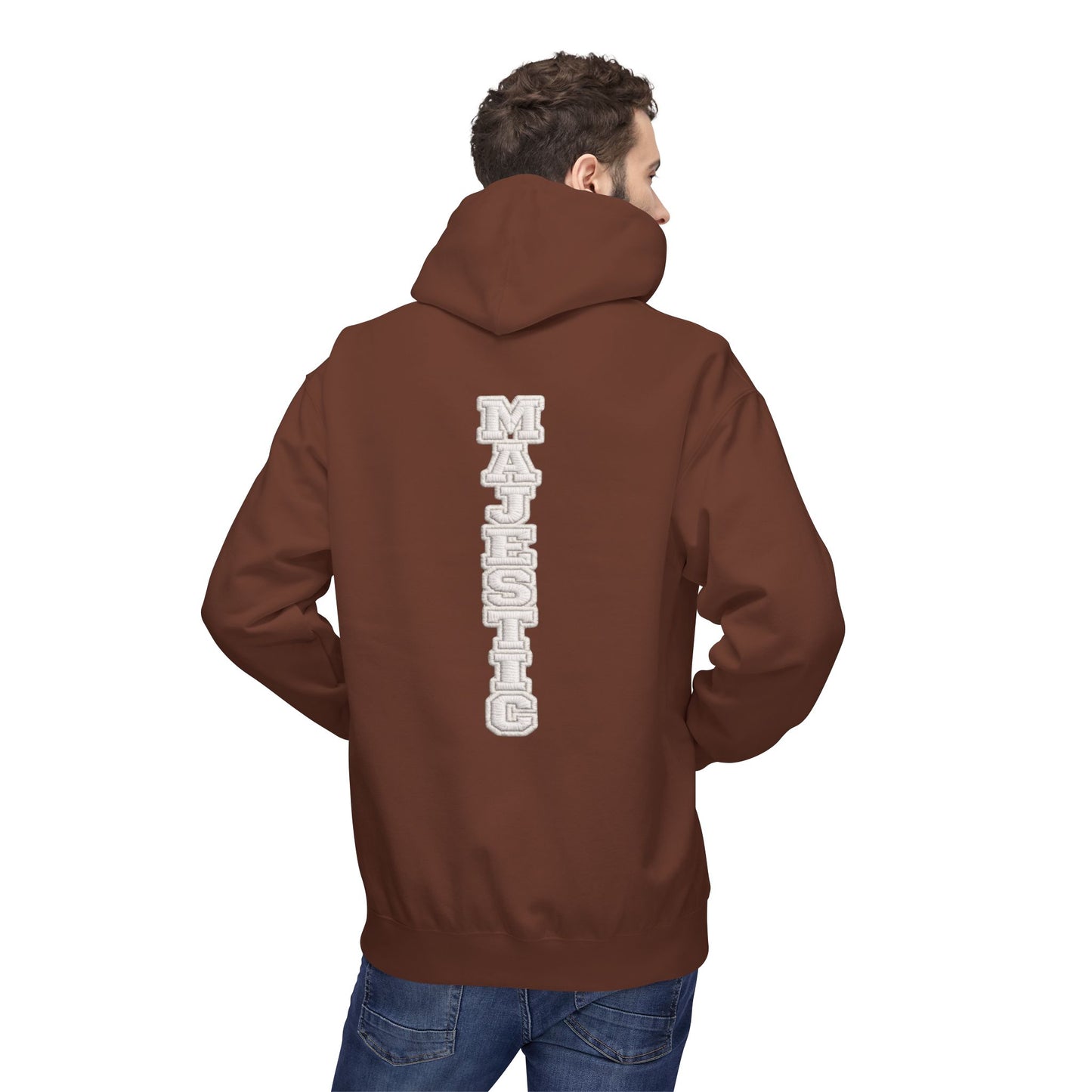 Majestic Vertical Text Hoodie — Minimal White Graphic Pullover Christian Hoodie Godly Hoodie Sports Hoodie Mighty Lifestyle Hoodie