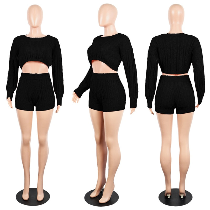 Trendy, Sexy Women Knitted Sweaters Two Piece Set O Neck Long Sleeve Loose Crop Top High Waist Shorts