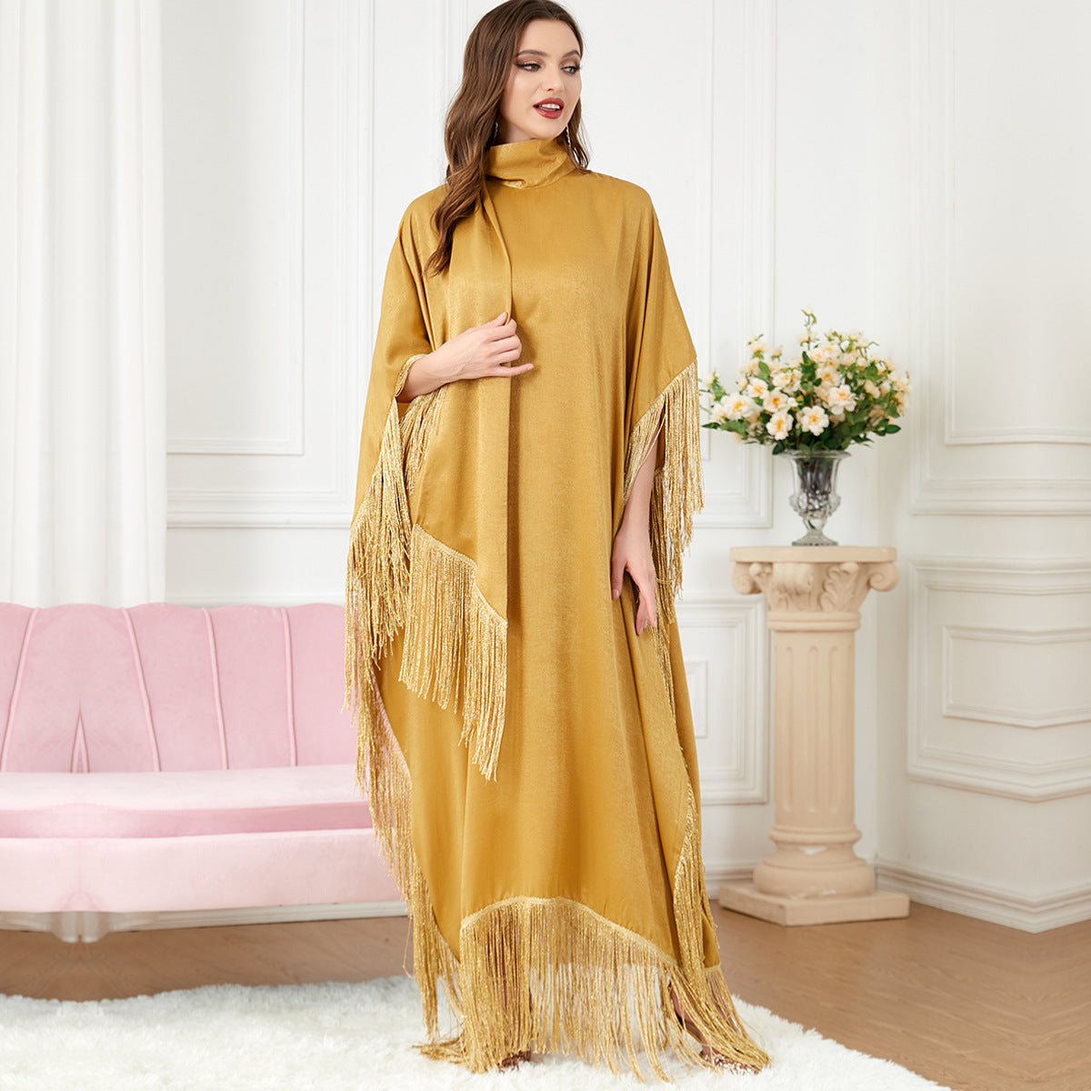Luxury Tassel Batwing Sleeve Caftan Dress for Women – Oversized Turtleneck Moroccan Robe with Irregular Hem | TikTok Viral Moo Moo
Farasha Dress