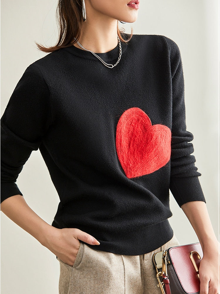 Valentine Sweater Minimalist | Women Knit Sweater Embroidery Red Heart O-Neck Simple Style Fall Spring Autumn Slim Pullover Harajuku