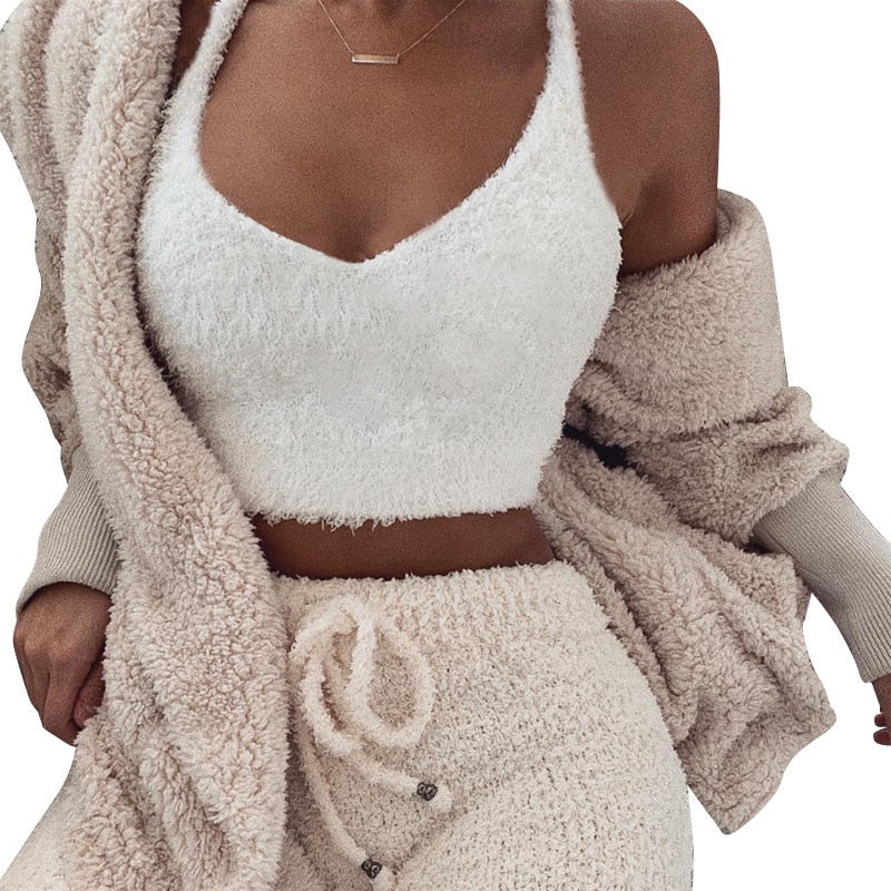 The Jessamyn Loungewear | Women Fleece Plush Casual Two Piece Set Long Sleeve Hooded Cardigan Coat Autumn Winter Outwear + Shorts Fashion Outfits