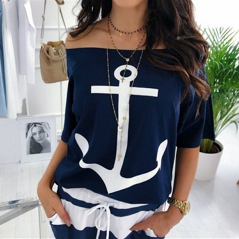 Sailor Anchor Shirt | Loose One Shoulder Bat Shirt Printed T shirt for Women