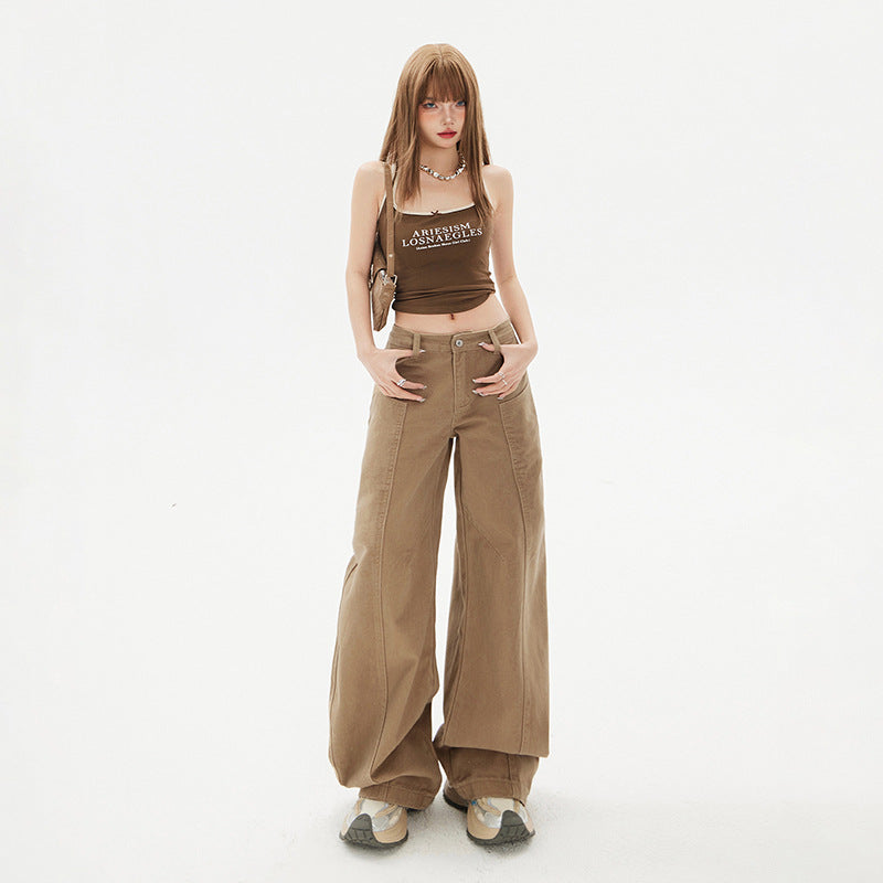 Welby Women's Saber Design Khaki Straight Leg Wide Leg Jeans Trendy Pants Body Casual Pants