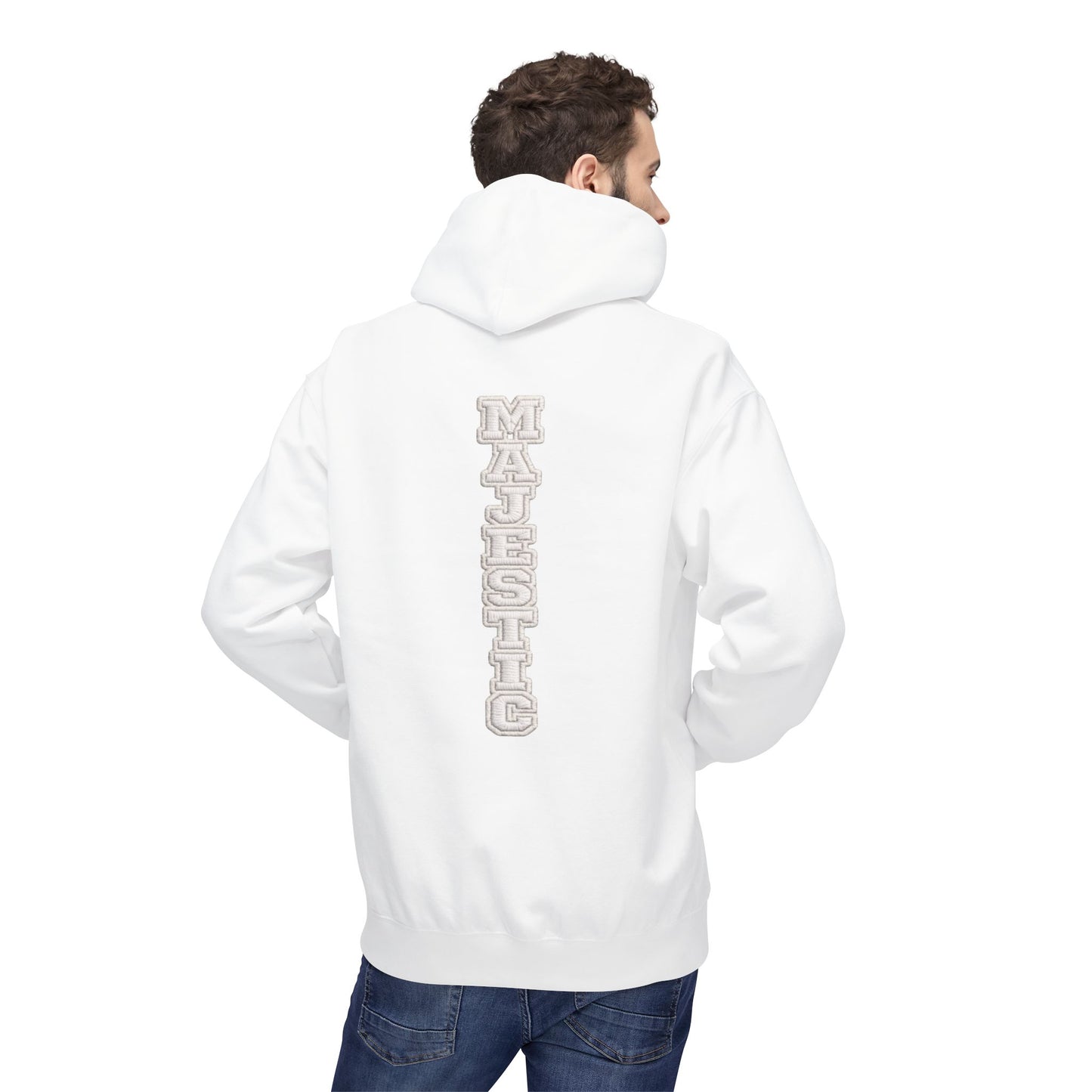 Majestic Vertical Text Hoodie — Minimal White Graphic Pullover Christian Hoodie Godly Hoodie Sports Hoodie Mighty Lifestyle Hoodie