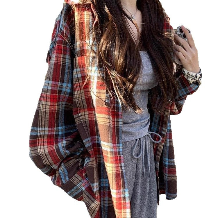 Women’s Retro Plaid Button Down Shirt – Color Block Loose Fit Blouse Top | Long Sleeve Casual Fall Layering Shirt | Mid-Length Oversized Flannel Style Sunscreen Cover-Up Retro Color Block Plaid Shirt Women Loose Fit Casual Sunscreen Blouse Top