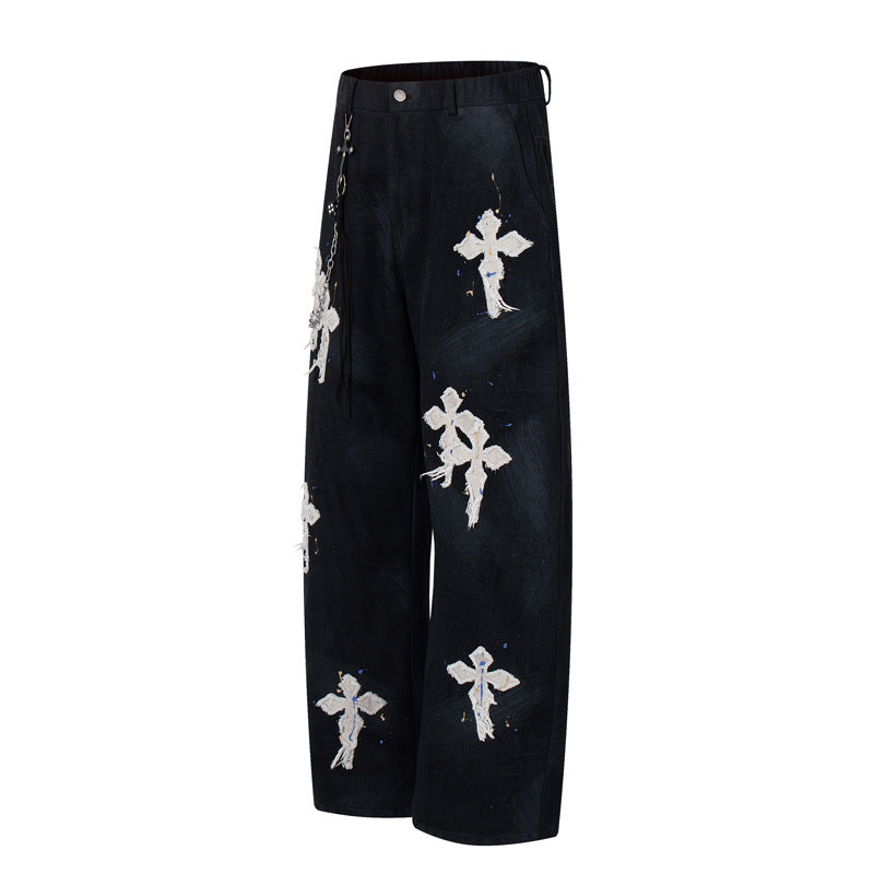 Trendy Unisex Cross Patch Straight-Leg Jeans – Luxury Streetwear Embroidered Denim, TikTok Viral Hand-Painted Aesthetic, Hip-Hop Loose Fit Pants (Black or Off-White) Christian Apparel