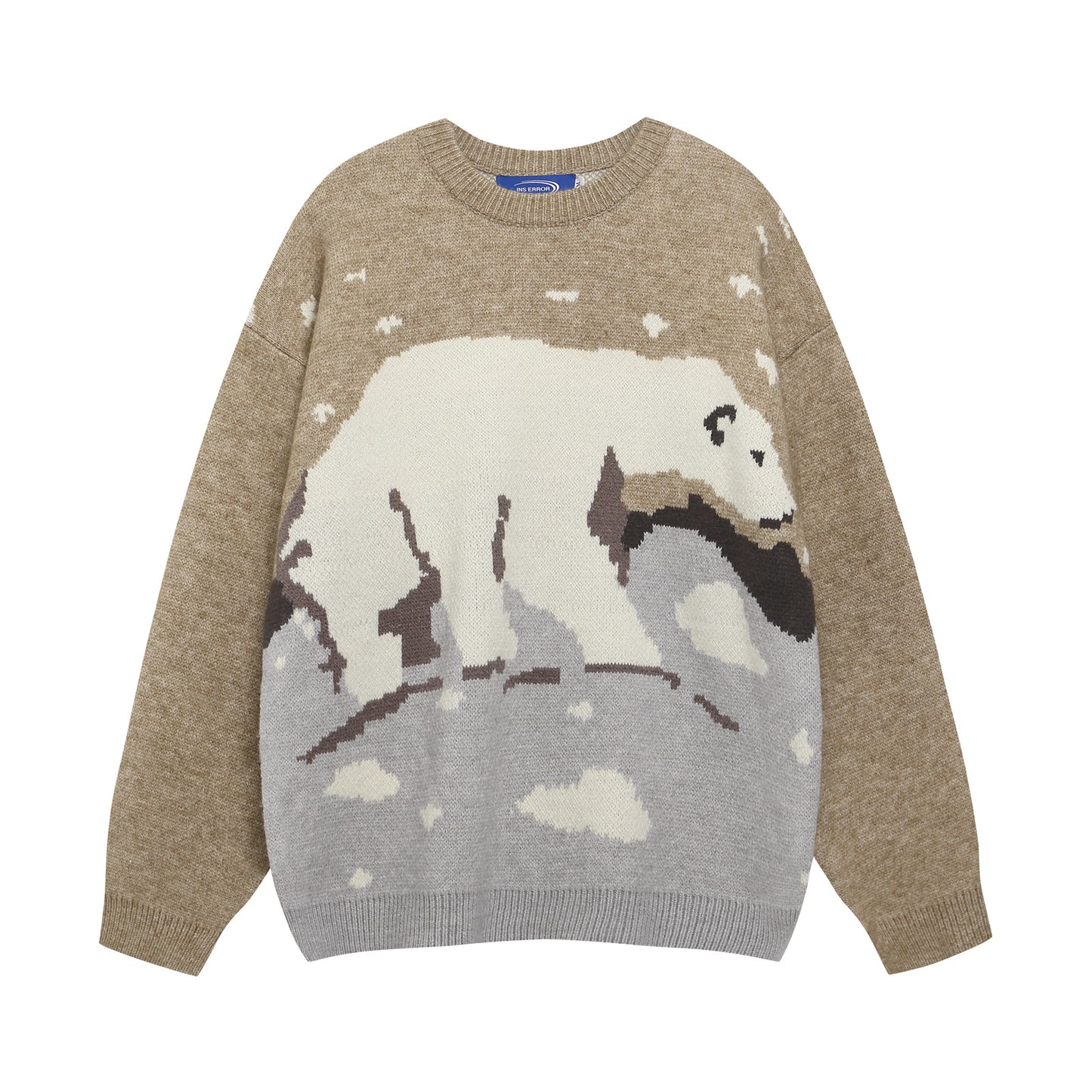 Retro Color Block Polar Bear Jacquard Crew  Sweater Unisex Loose Lazy Couple Knit Top