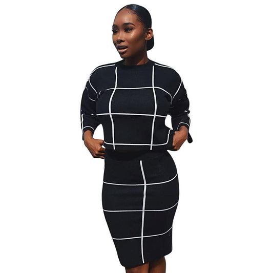 Plaid Long Skirt Two-Piece Set for Women – Business Casual Workwear Outfit – Comfortable Office Skirt Set
