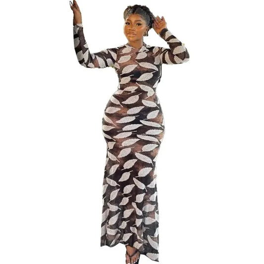 Lennox Leaf Print Long Sleeve Mermaid Dress for Women — Elegant Sexy Fall & Winter Maxi Dress | Long Sleeve Polyester & Cow Milk Silk Bodycon Dress