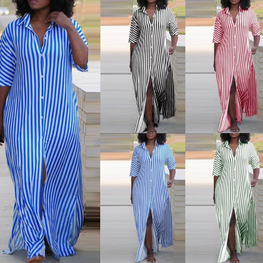 Mighty Lifestyle Loose V-Neck Long Striped Shirt Dress for Women