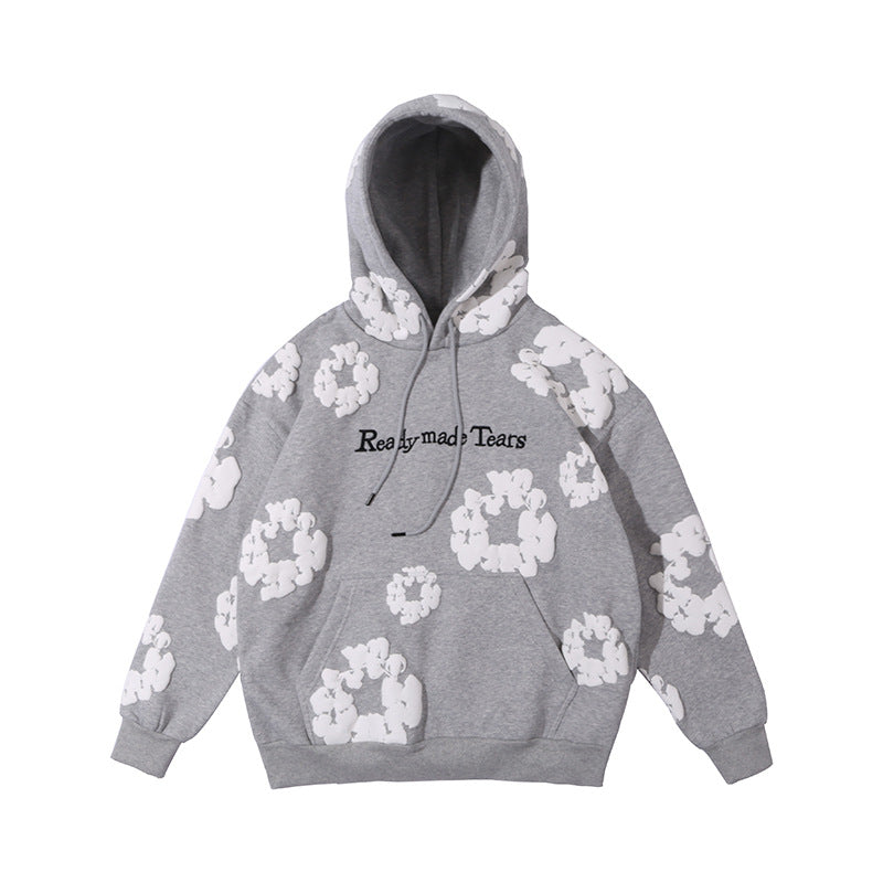 TikTok Viral High Street Floral Hoodie – Oversized Cotton Pullover with Foaming Flower Print & Embroidered Lettering | Unisex   Hoodie High Street Cotton Foaming Floral Flower Printed Letter Embroidered Casual Hoodie