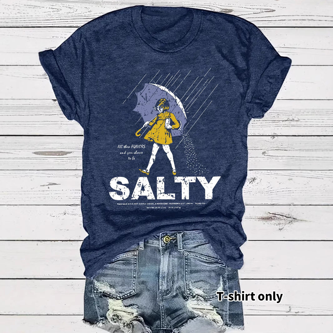 Salty Tshirt short sleeved salty emoji for girls holding umbrellas