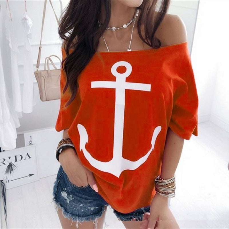 Sailor Anchor Shirt | Loose One Shoulder Bat Shirt Printed T shirt for Women