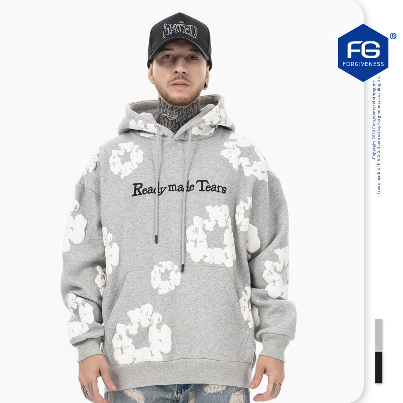 TikTok Viral High Street Floral Hoodie – Oversized Cotton Pullover with Foaming Flower Print & Embroidered Lettering | Unisex   Hoodie High Street Cotton Foaming Floral Flower Printed Letter Embroidered Casual Hoodie