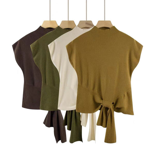 Neutrals Women T Shirt Stand Collar Sleeveless Knitted Tshirt Fashion Solid Bottoming Tee Shirt For Women Female Top Tshirts