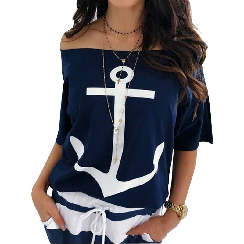 Sailor Anchor Shirt | Loose One Shoulder Bat Shirt Printed T shirt for Women